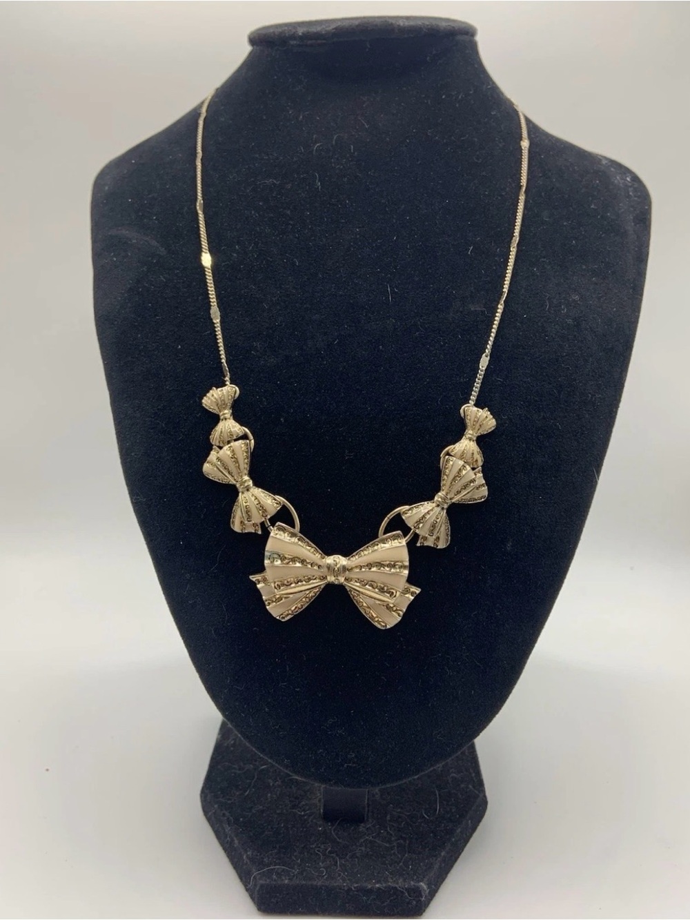 Vintage Enamel Cream Bow Statement Necklace Gold Tone